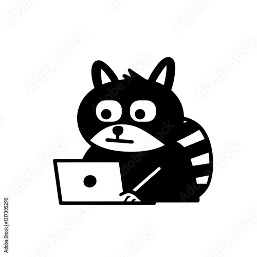 Creative raccoon character engaging with a laptop in a minimalist style, perfect for digital art enthusiasts