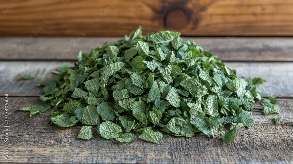 Fresh Green Mint Leaves Piled on Rustic Wooden Table Background Fresh Green Mint Leaves Piled on Rustic Wooden Table Background