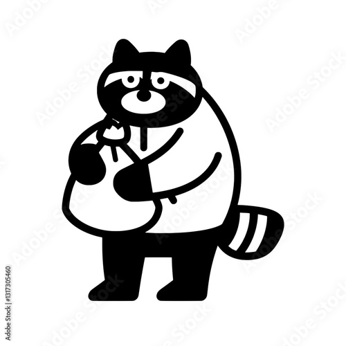 Charming raccoon character dressed in a cozy outfit, playfully holding a bag with a sense of mischief and adventure