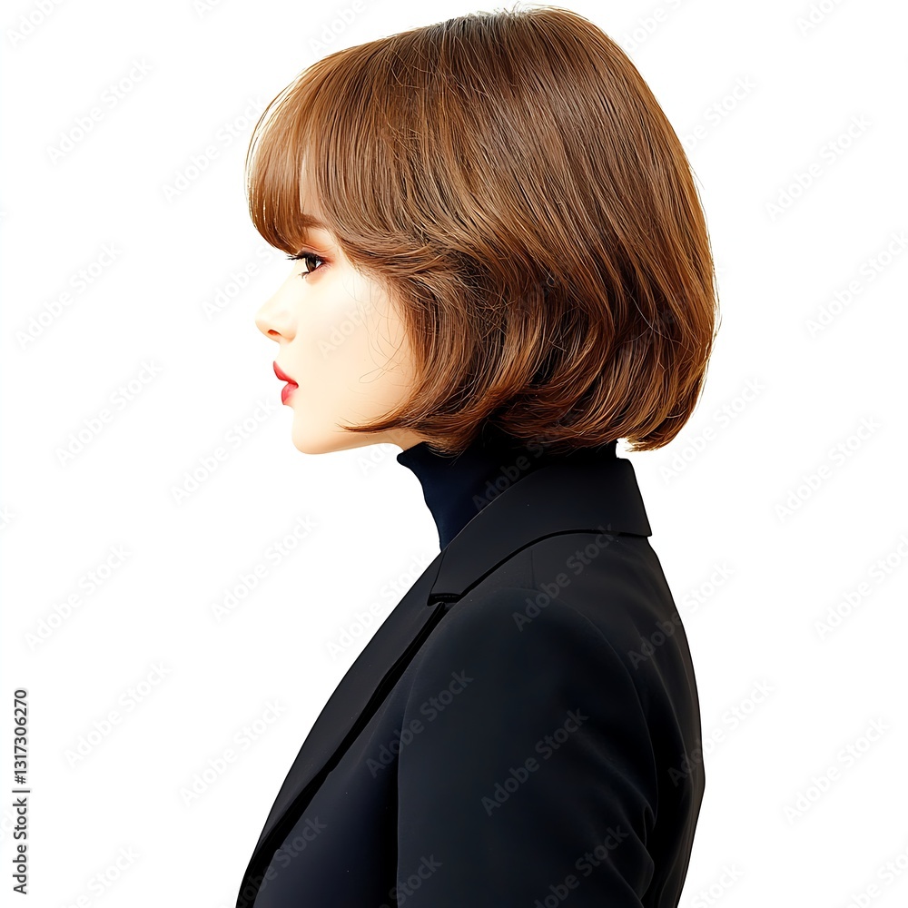 Elegant Profile of a Woman with Short Brown Hair in Business Attire Against a Neutral Background Elegant Profile of a Woman with Short Brown Hair in Business Attire Against a Neutral Background