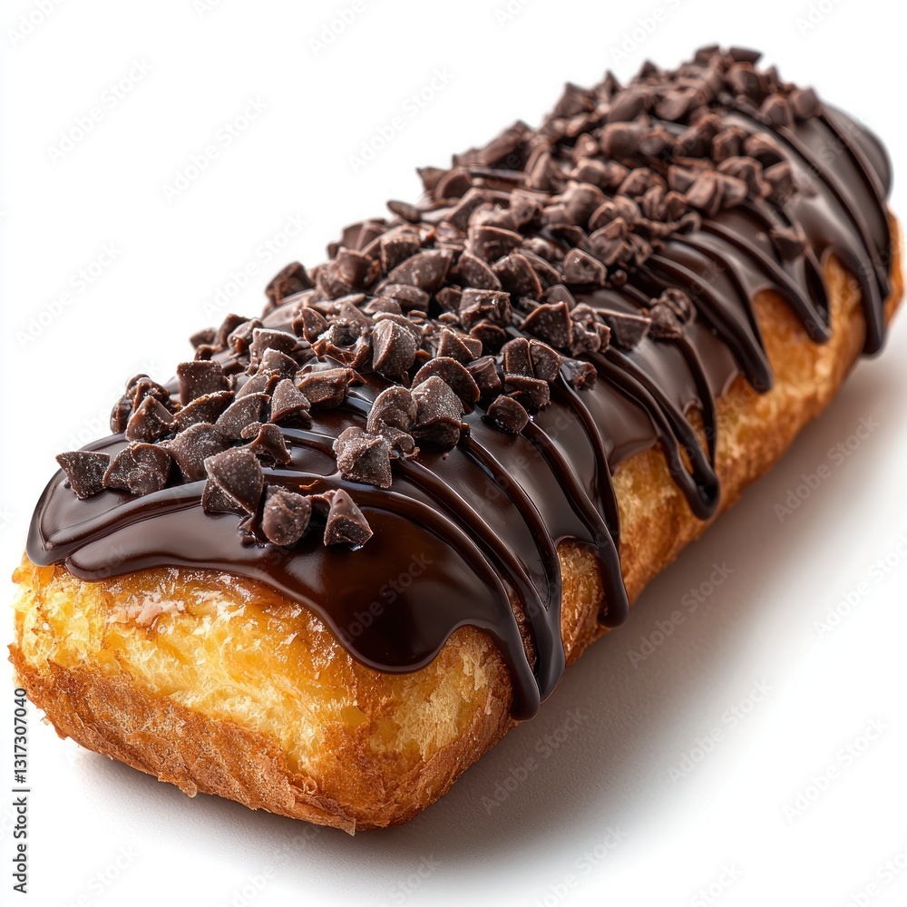 A delicious chocolate-covered pastry topped with mini chocolate chips. A delicious chocolate-covered pastry topped with mini chocolate chips.