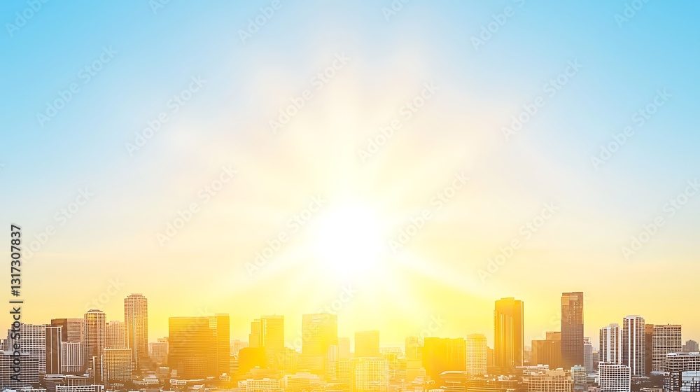 Obraz premium Bright Sunrise Over City Skyline Illuminating Tall Buildings and Urban Landscape