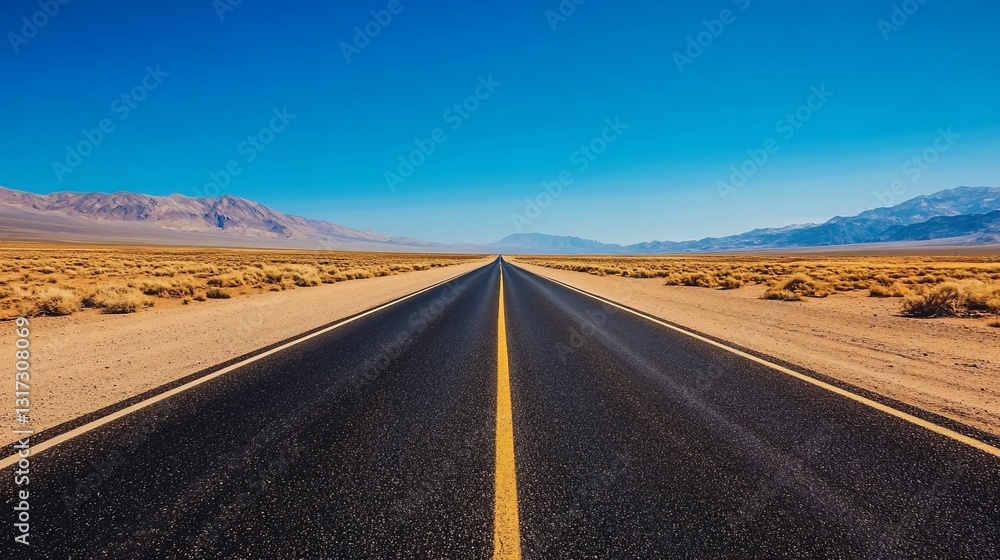 Fototapeta premium Endless Desert Highway: A Journey Through Arid Landscapes Under a Vast Blue Sky