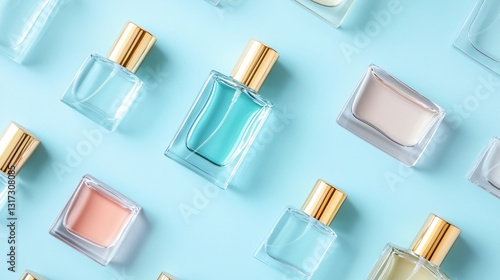 Colorful perfume bottles arranged neatly, various shapes and sizes, fresh aesthetic, perfect for beauty marketing or fashion themes.