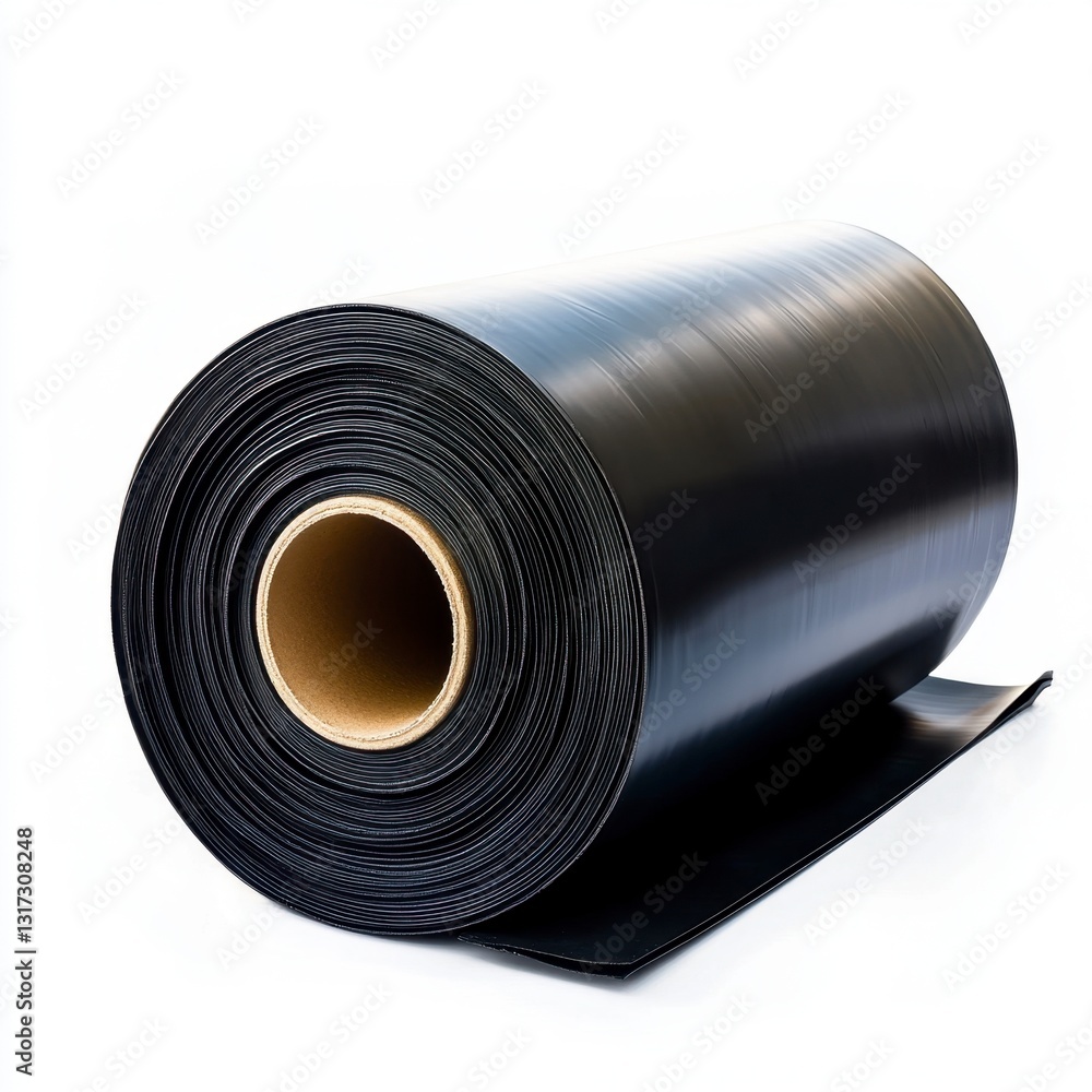Close up view of a large roll of black flexible material against a white background. The roll is tightly wound and shows a slightly textured surface.