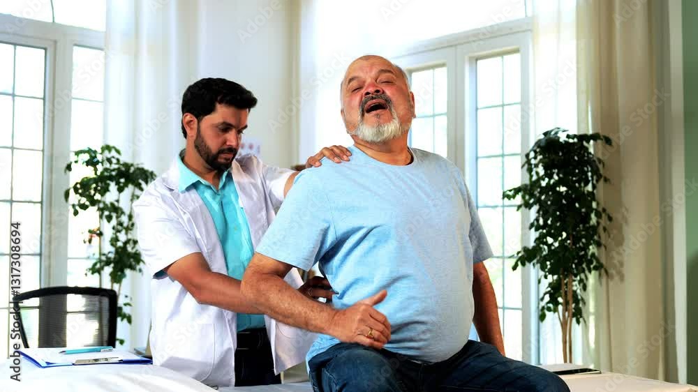 Indian Asian male physiotherapist examining senior retired patient with chronic back pain in a lavish clinic, ensuring precise diagnosis and effective rehabilitation for pain relief and improved mobil