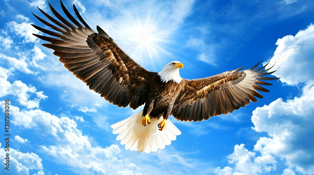 Fototapeta premium Majestic bald eagle soaring through a sunny sky, amidst fluffy clouds; ideal for freedom, nature, and wildlife themes