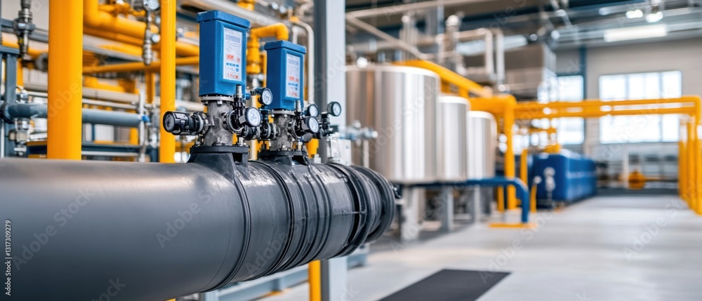 Industrial Pipeline System with Pressure Gauges and Large Storage Tanks in a Modern Manufacturing Facility Industrial Pipeline System with Pressure Gauges and Large Storage Tanks in a Modern Manufacturing Facility