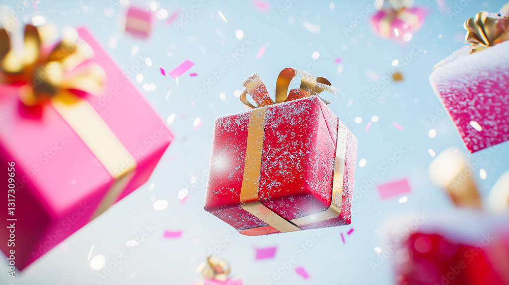 Fototapeta premium Light winter background, on which bright gifts in red and lilac packaging, golden confetti, flashes of light are flying. Festive mood