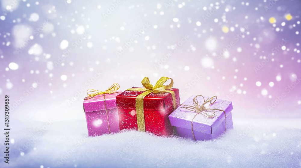 Light winter background, on which bright gifts in red and lilac packaging, golden confetti, flashes of light are flying. Festive mood Light winter background, on which bright gifts in red and lilac packaging, golden confetti, flashes of light are flying. Festive mood