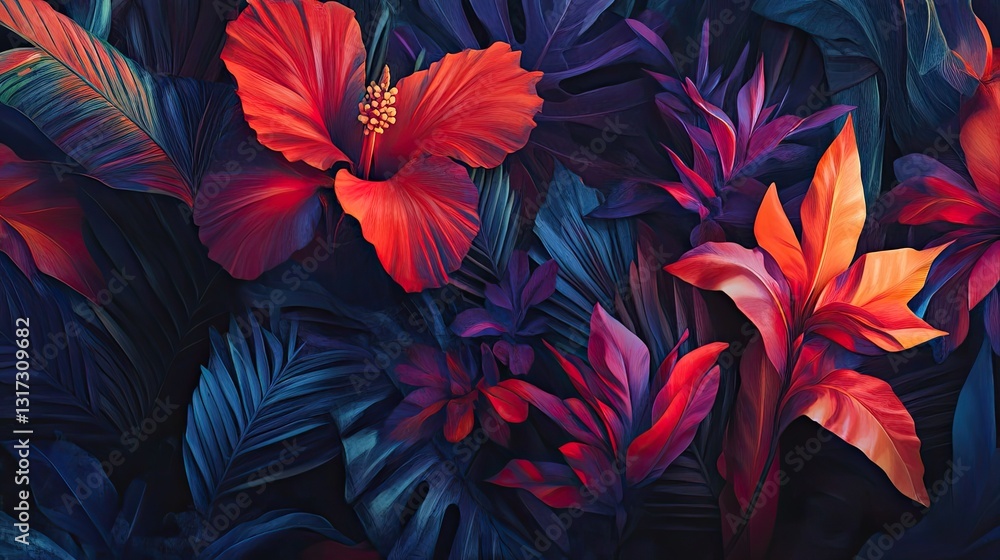 Artistic composition of vibrant tropical flora, featuring abstract yet natural forms and rich colors. Artistic composition of vibrant tropical flora, featuring abstract yet natural forms and rich colors.
