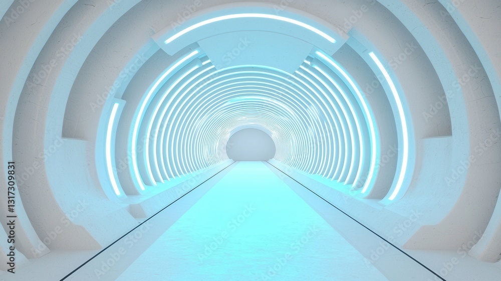 Fototapeta premium Futuristic Tunnel Interior with Vibrant Blue Neon Lighting Effects