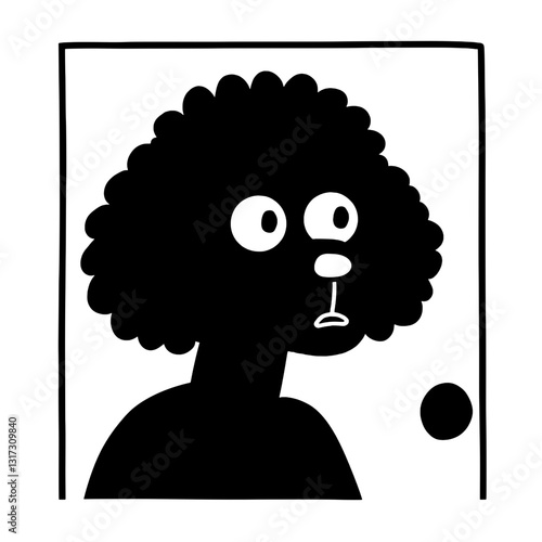 Surprised character with curly hair gazes curiously through a doorway into an unknown world