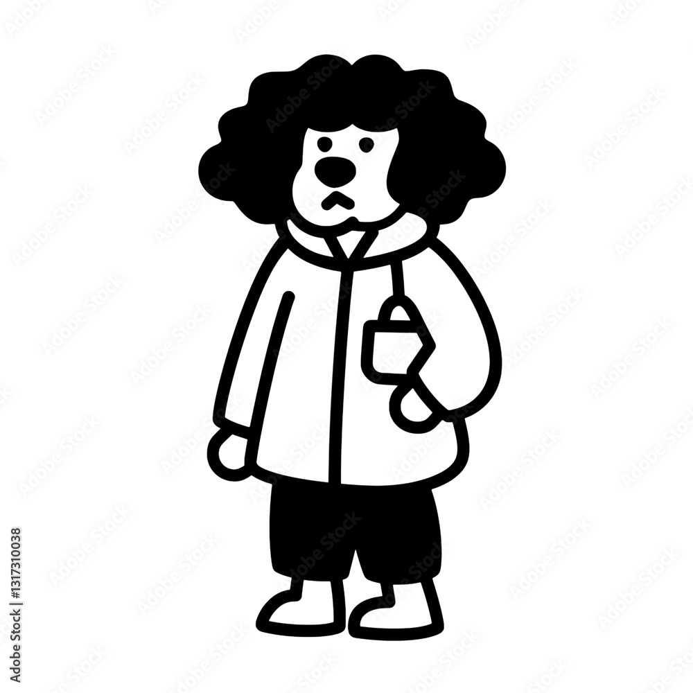 Whimsical cartoon character with curly hair wearing a jacket and holding a mug in a cheerful setting Whimsical cartoon character with curly hair wearing a jacket and holding a mug in a cheerful setting