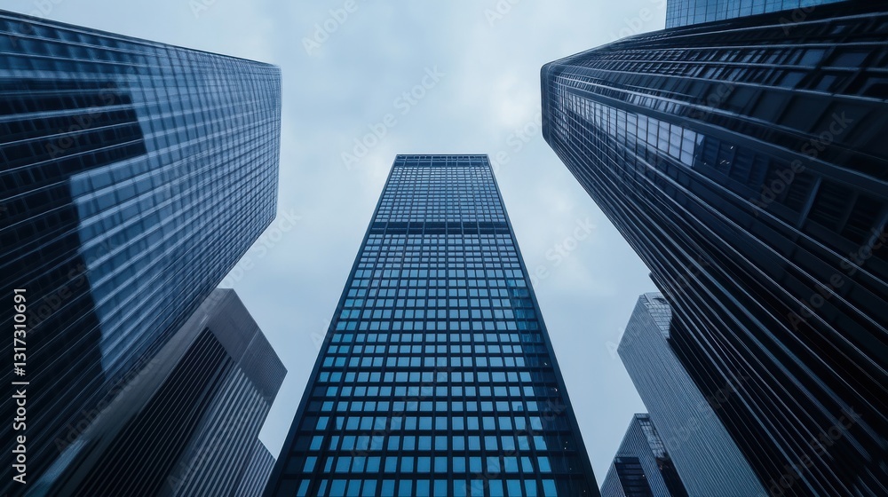 Imposing Skyscrapers Reach for a Cloudy Sky in a Modern Urban Landscape of Glass and Steel Towers Imposing Skyscrapers Reach for a Cloudy Sky in a Modern Urban Landscape of Glass and Steel Towers