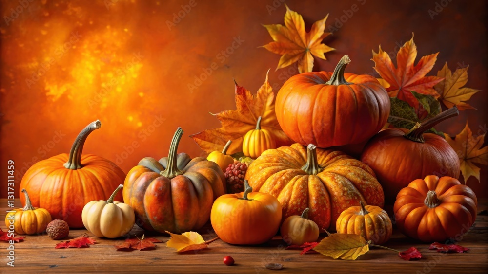 A Rustic Autumn Still Life Featuring a Collection of Pumpkins and Vibrant Autumn Leaves on a Warm Wooden Surface A Rustic Autumn Still Life Featuring a Collection of Pumpkins and Vibrant Autumn Leaves on a Warm Wooden Surface