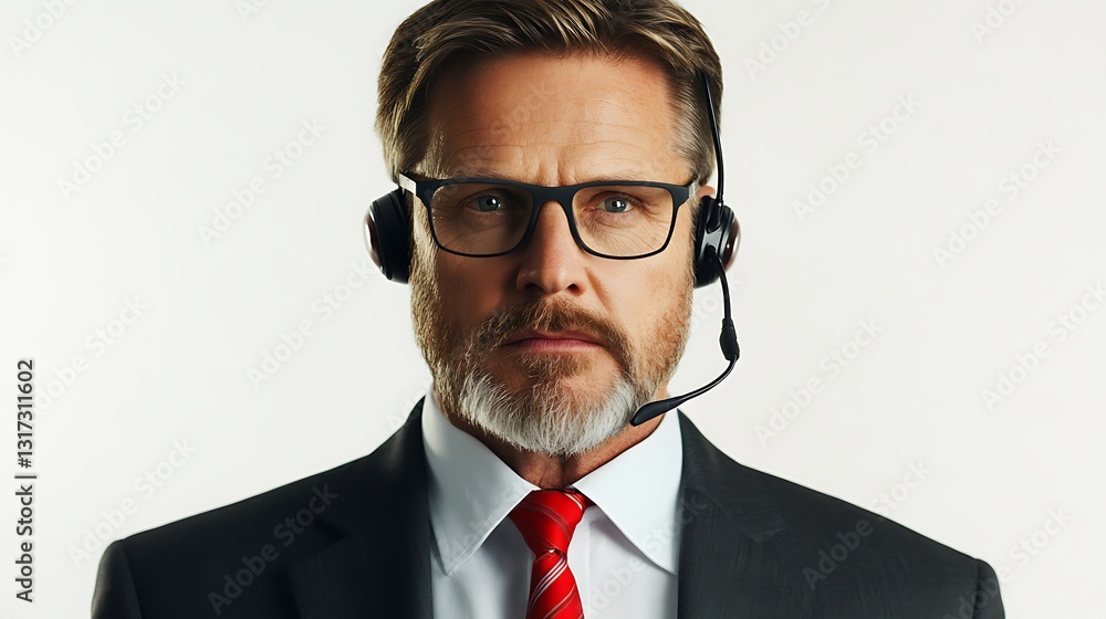 Professional Male Call Center Agent with Headset and Glasses in Business Attire Against Neutral Background Professional Male Call Center Agent with Headset and Glasses in Business Attire Against Neutral Background