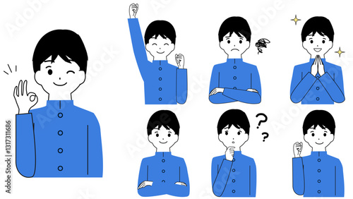 制服を着ている男の子の学生の表情セット