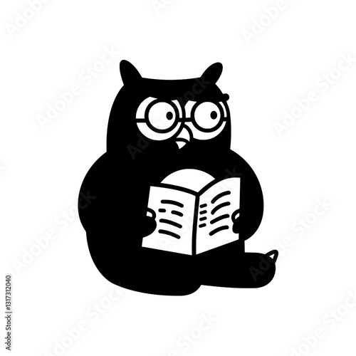 Cute black owl character with glasses reading a book, portraying curiosity and wisdom in a playful style