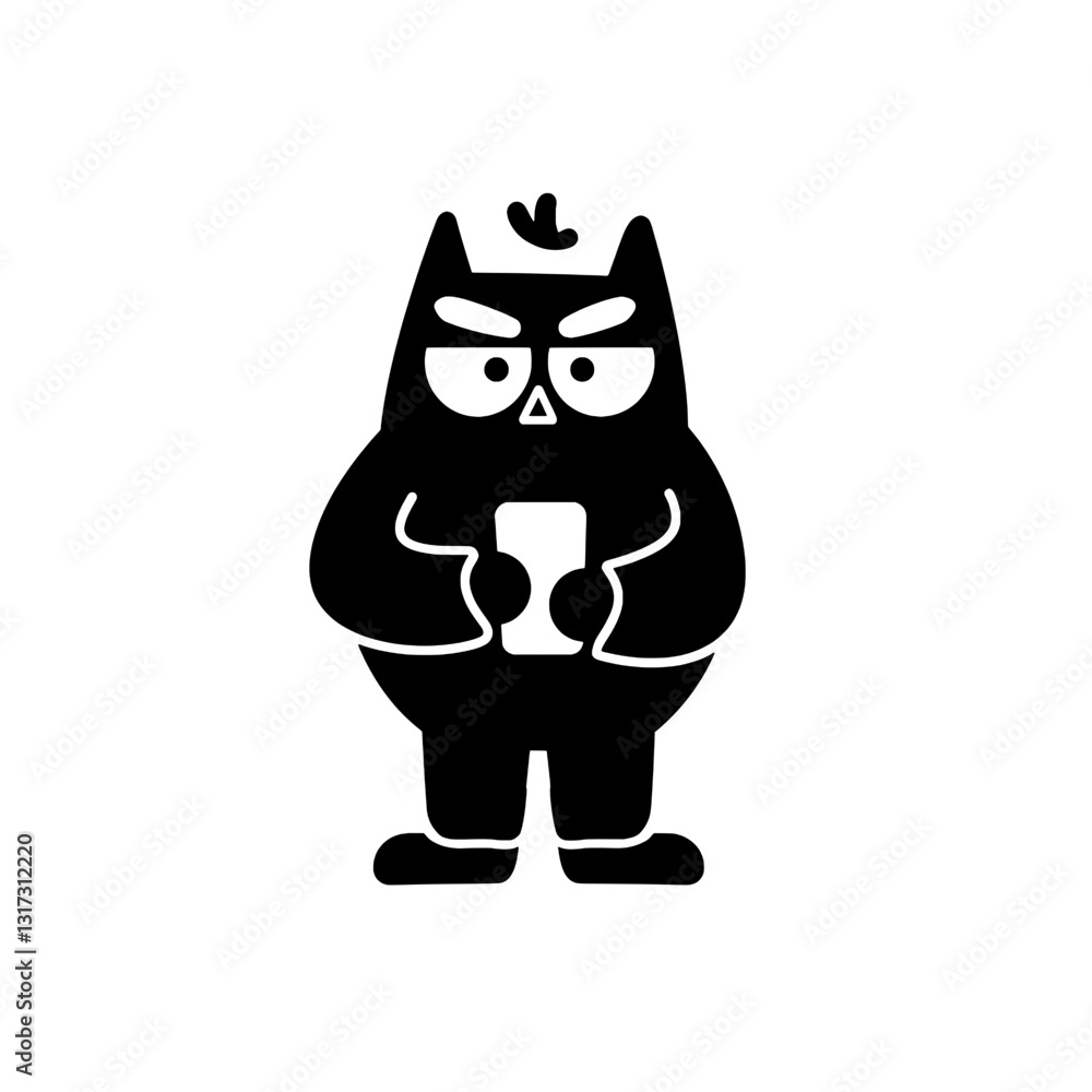 Creative black owl character holding a smartphone in a minimalistic vector design style Creative black owl character holding a smartphone in a minimalistic vector design style
