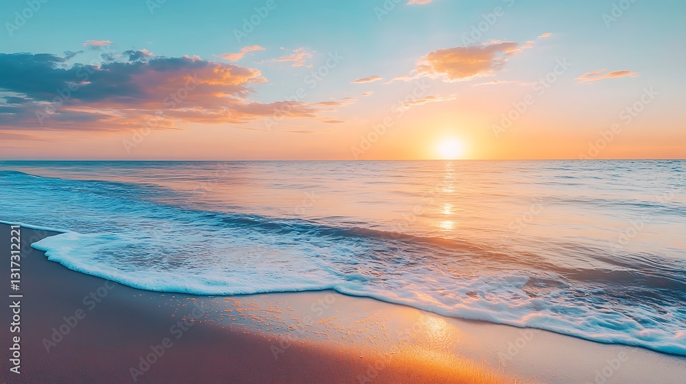 Fototapeta premium Beautiful Beach Sunset Scenery: Golden Sun, Turquoise Waves, and Soft Sand for Peaceful Wall Art.
