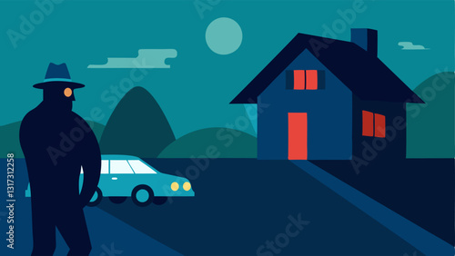 Suspect Movement A shadowy figure moving in front of the suspects house with the detective watching closely using binoculars from inside the car.