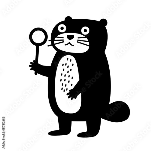 Charming black and white vector illustration of a playful animal holding a magnifying glass in a whimsical setting