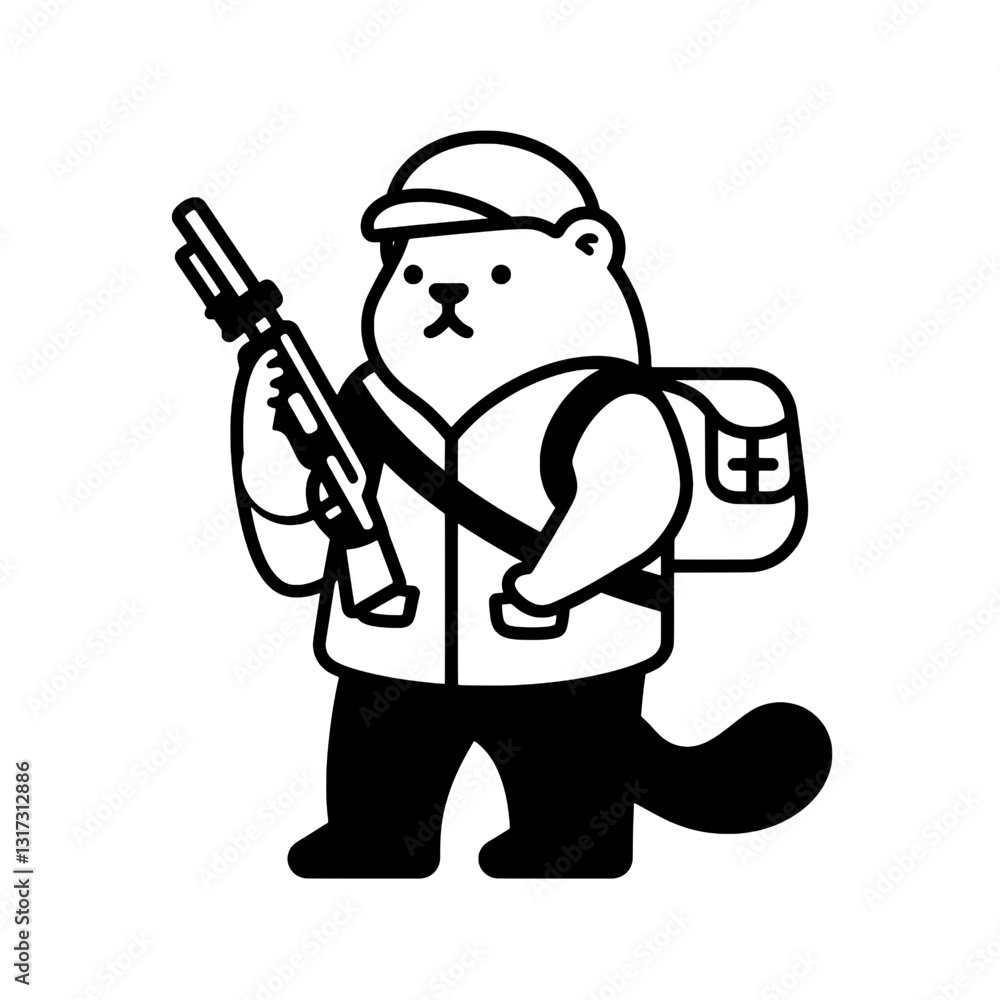 Beaver dressed as a ranger with a rifle and backpack in a whimsical outdoor adventure setting Beaver dressed as a ranger with a rifle and backpack in a whimsical outdoor adventure setting