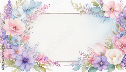 Watercolor floral frame with soft pink, lavender, and baby blue flowers, elegantly arranged around a clean white space in the center, perfect for Easter wishes or personalized messages.
