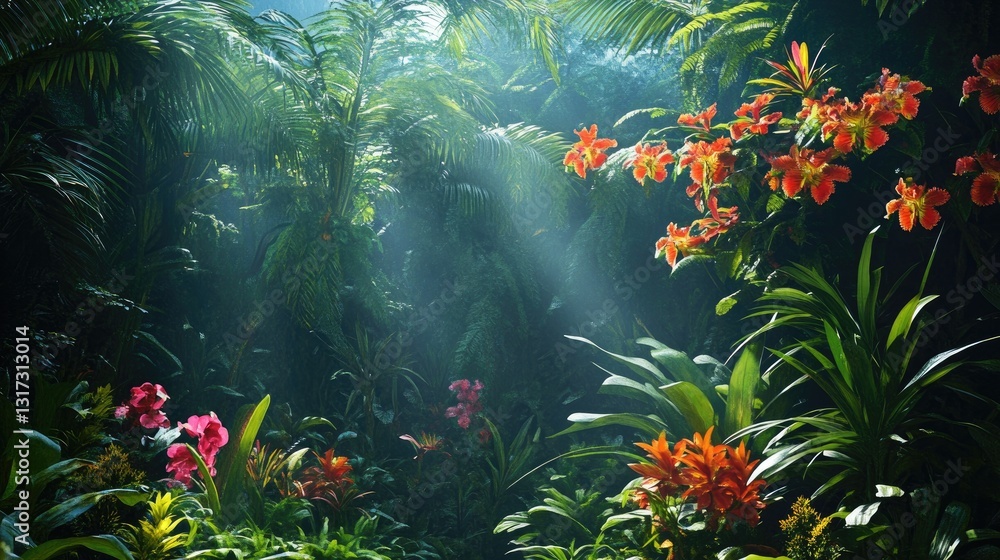 Obraz premium Dense jungle canopy filled with rich botanical details and exotic flower blooms.