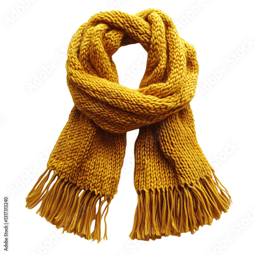 Chunky Knit Scarf with Tassels in Sunflower Yellow Isolated on Transparent Background