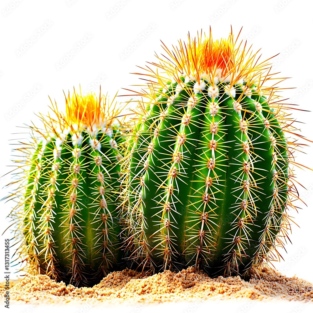 Two Vibrant Cacti with Spines in Sandy Desert Landscape Under Bright Sunlight Two Vibrant Cacti with Spines in Sandy Desert Landscape Under Bright Sunlight