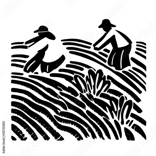 Celebrating the art of farming with laborers cultivating the land in a serene rural landscape