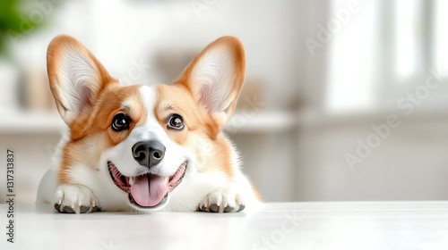 Happy Corgi Dog Relaxing on a White Surface in a Bright Room
