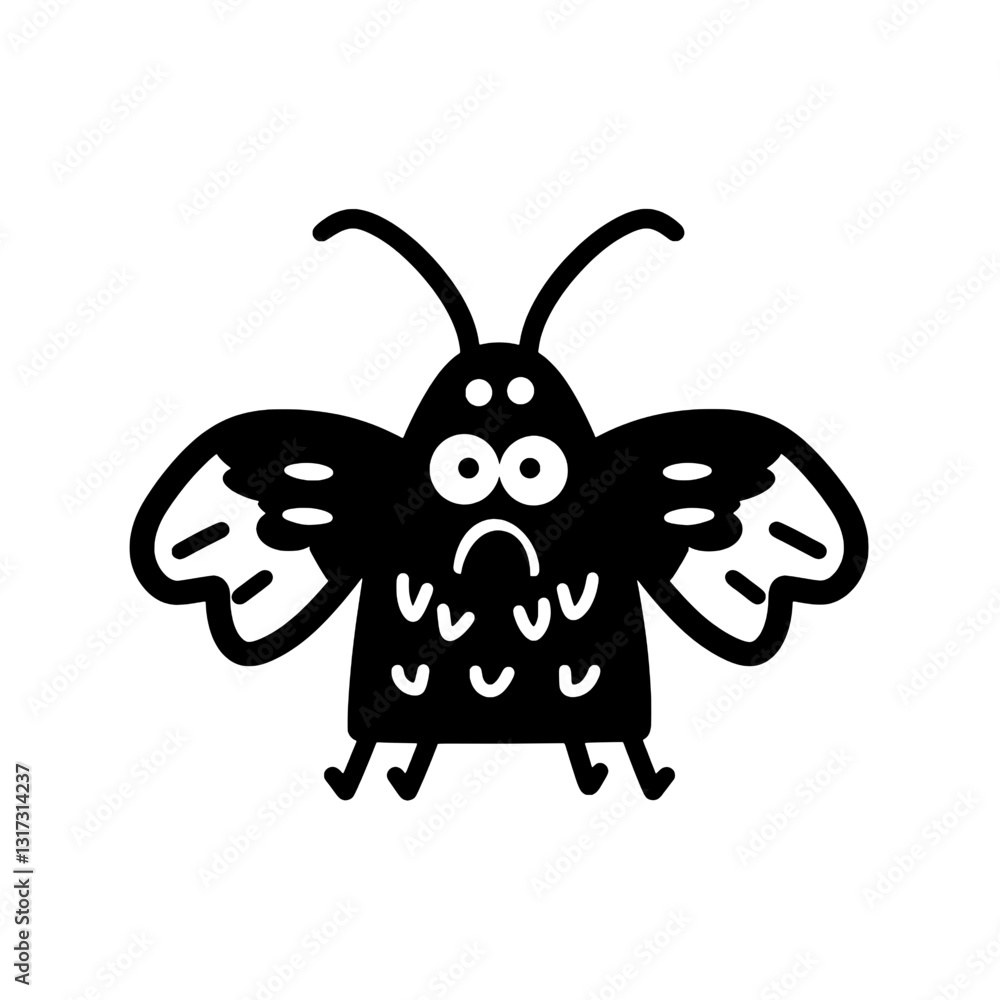 Obraz premium Whimsical black and white cartoon moth character flying energetically in a playful environment