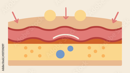 Skin Layer Diagram A crosssection of skin layers highlighting melanin production with arrows indicating the action of exosomes reducing pigmentation in the epidermis.