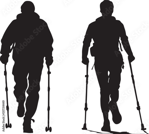 Nordic Walking with Crutches Silhouette vector