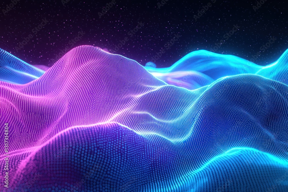 Neon hills shine under a starry sky in this colorful landscape Neon hills shine under a starry sky in this colorful landscape
