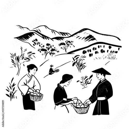 Harvesting fruits in a serene countryside landscape with mountain views and traditional attire