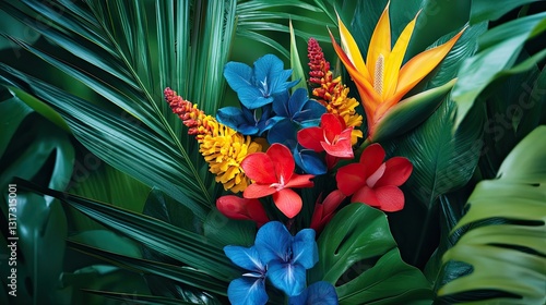 Exotic floral arrangement with bright red, blue, and yellow flowers intertwined with tropical greenery.