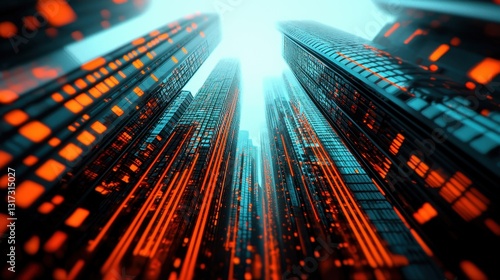 Futuristic Urban Cityscape with Neon Orange and Blue Lights