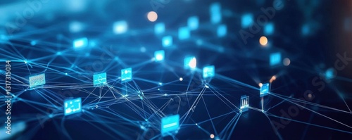 Blue technology background with network connections and digital data transfer gradient background with simple shapes.