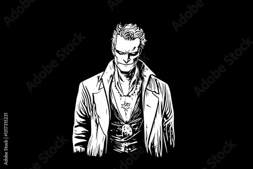 Dark character standing confidently in a dramatic black and white vector illustration with a mysterious aura