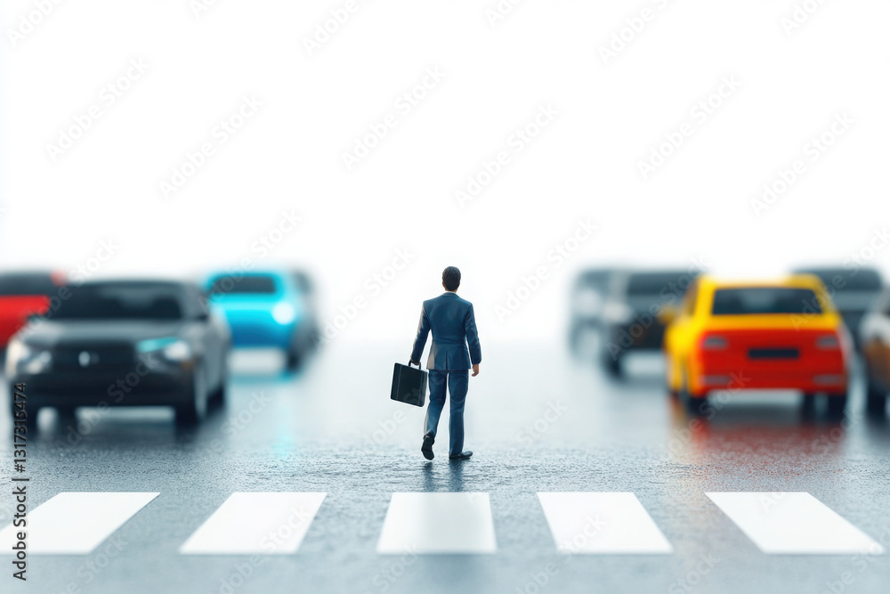 Miniature scene depicting a businessman crossing a busy street, surrounded by colorful toy cars, symbolizing urban life and movement. Miniature scene depicting a businessman crossing a busy street, surrounded by colorful toy cars, symbolizing urban life and movement.