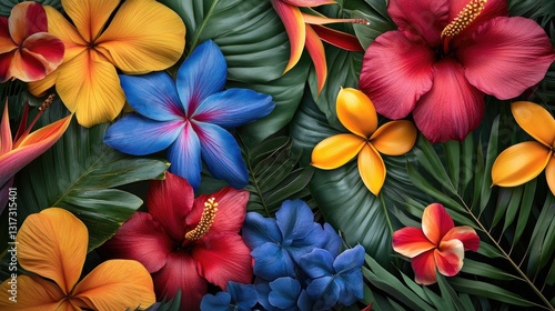 Wallpaper Mural Exotic floral arrangement with bright red, blue, and yellow flowers intertwined with tropical greenery. Torontodigital.ca