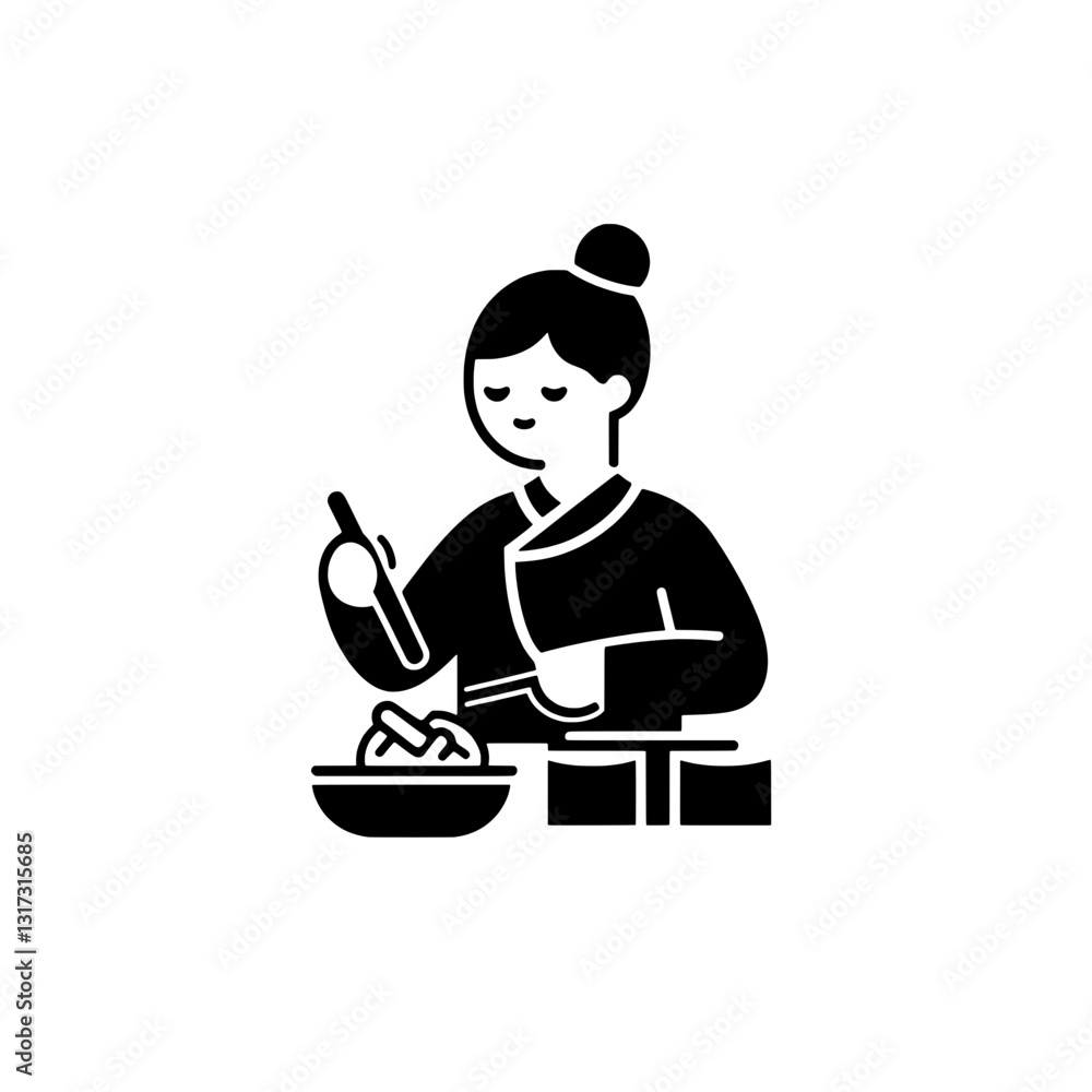 Cooking noodles with traditional utensils in a serene kitchen setting Cooking noodles with traditional utensils in a serene kitchen setting