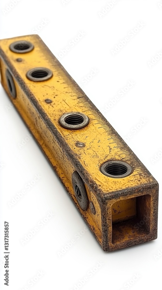 Close up view of a yellow rectangular metal object with multiple threaded holes, showing wear and discoloration against a white background. Close up view of a yellow rectangular metal object with multiple threaded holes, showing wear and discoloration against a white background.