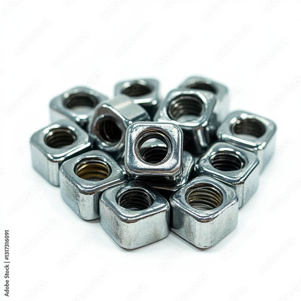 Close up view of numerous square metal nuts arranged in a pile against a bright white background. The nuts are metallic, reflecting light, and appear to be made of a dark gray or black metal. Close up view of numerous square metal nuts arranged in a pile against a bright white background. The nuts are metallic, reflecting light, and appear to be made of a dark gray or black metal.