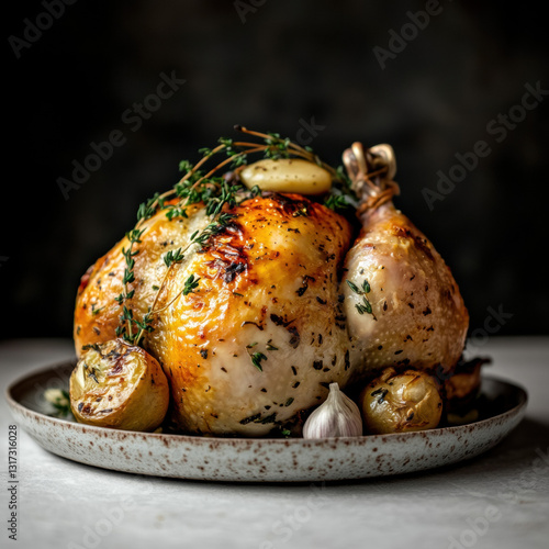 Wallpaper Mural Top-down view of a golden-brown roasted whole chicken on a plate surrounded by fresh herbs and seasonal vegetables Torontodigital.ca