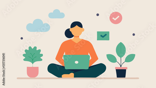 Mental Health in Remote Work A telework consultant discussing the importance of mental health during remote work with calming visuals like plants meditation icons and wellness